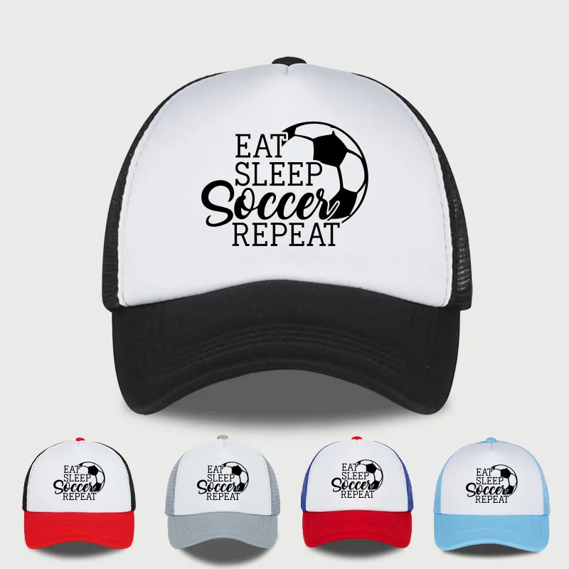 

“Eat, Sleep, Soccer, Repeat” Printed Mesh Cap Lightweight, Breathable, Adjustable Unisex Football Events Football Enthusiasts