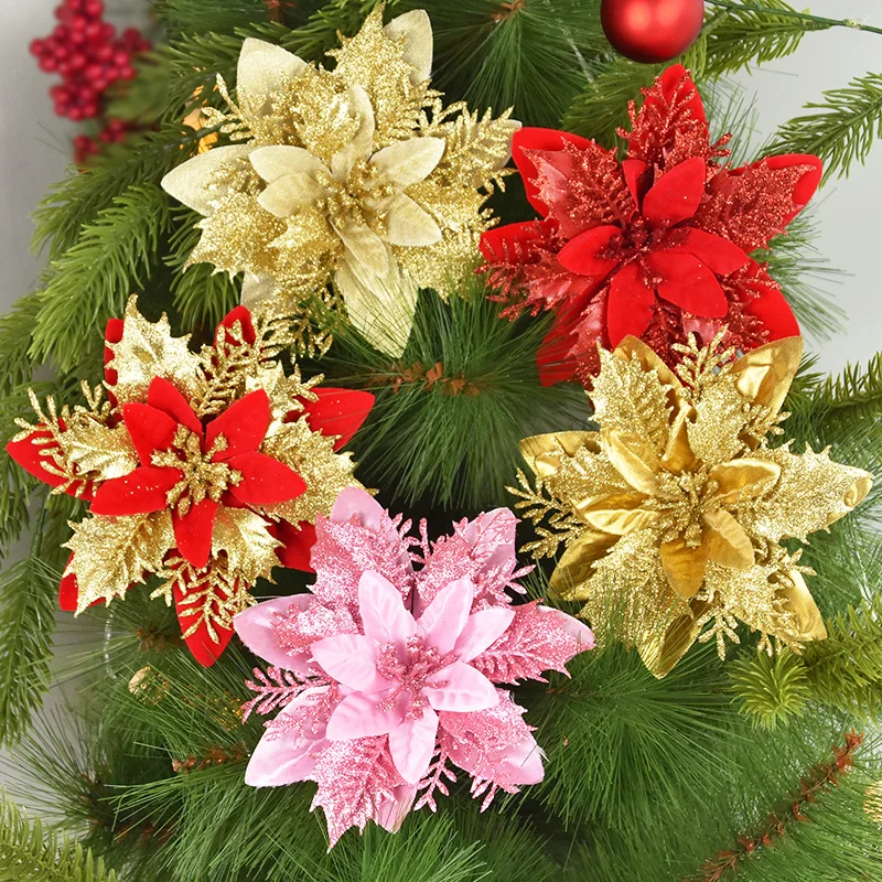 5/10 Stück 14CM Glitzer Künstliche Weihnachtsblumen Christbaumschmuck Frohe Weihnachten Dekorationen für Zuhause Neujahrsgeschenk Navidad – Detail 21