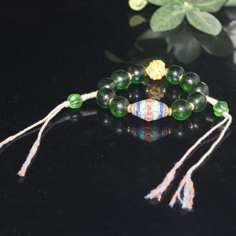 

Винтажный стеклянный браслет с зелеными шариками и антикорней реки с тибетским орнаментом, браслеты из старых жемчугов и старых бусин