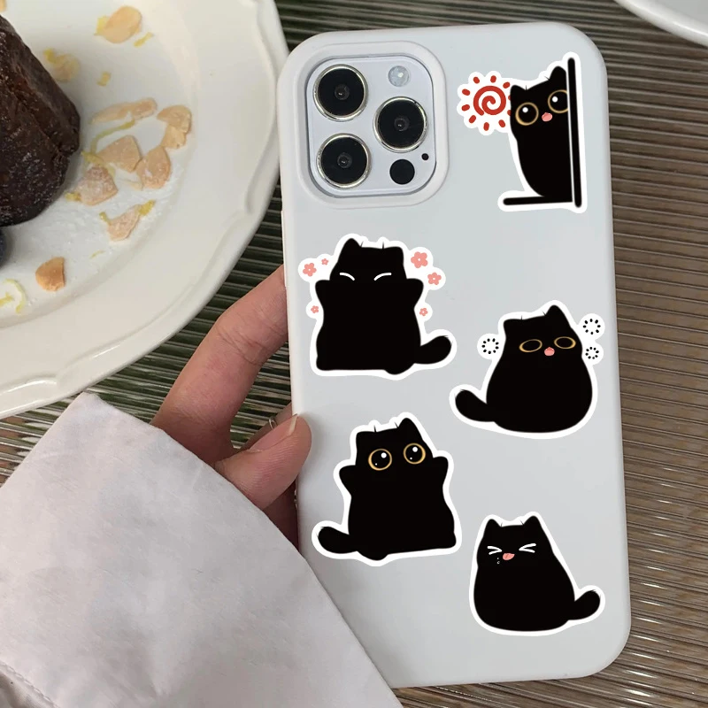 80 قطعة من ملصقات القطة السوداء اللطيفة كاواي باللونين الأبيض والأسود لزجاجات المياه وملصقات شارات الفينيل الجمالية المقاومة للماء