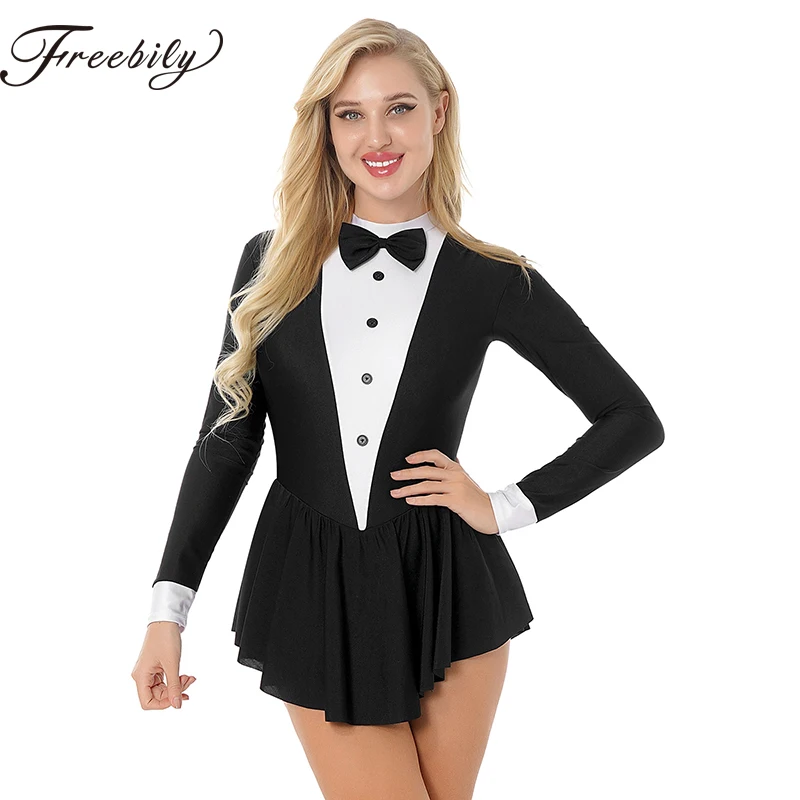 Women Long Sleeve Ballroom Latin Dance Dress Contrast Color Modern Ballet Tuxedo Dancewear Waitress Cosplay Costume Clubwear