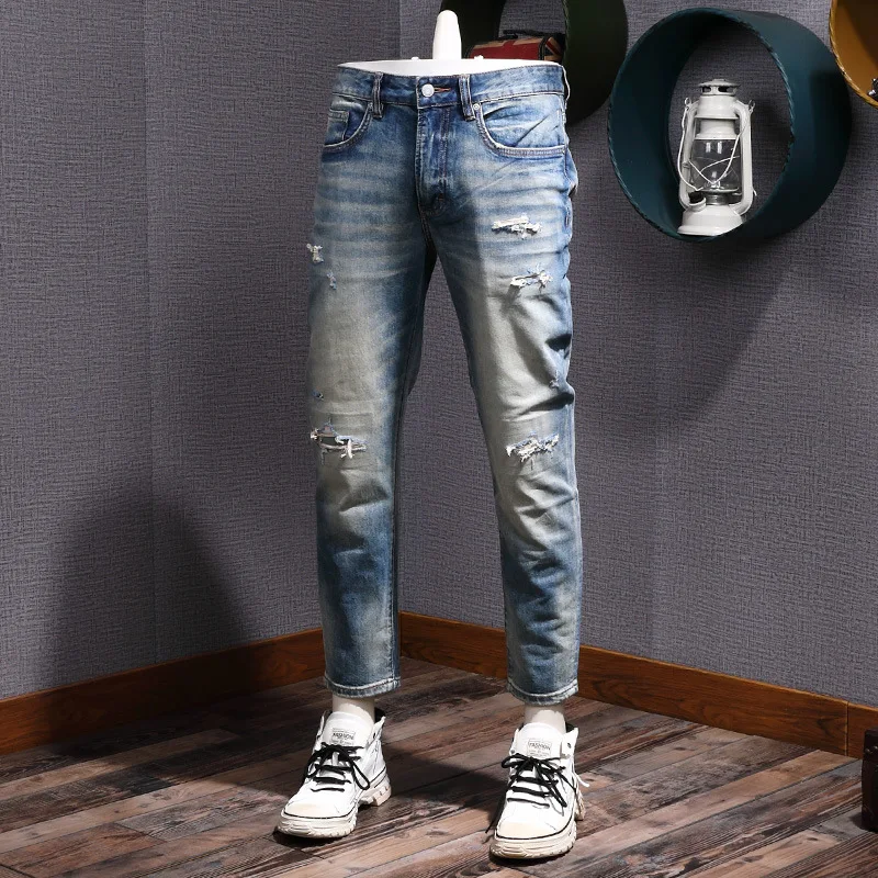 

High-End Spring Summer Thin Vintage Cropped Jeans Men Streetwear fashion Trendy Ripped Elastic Small straight-leg Pants