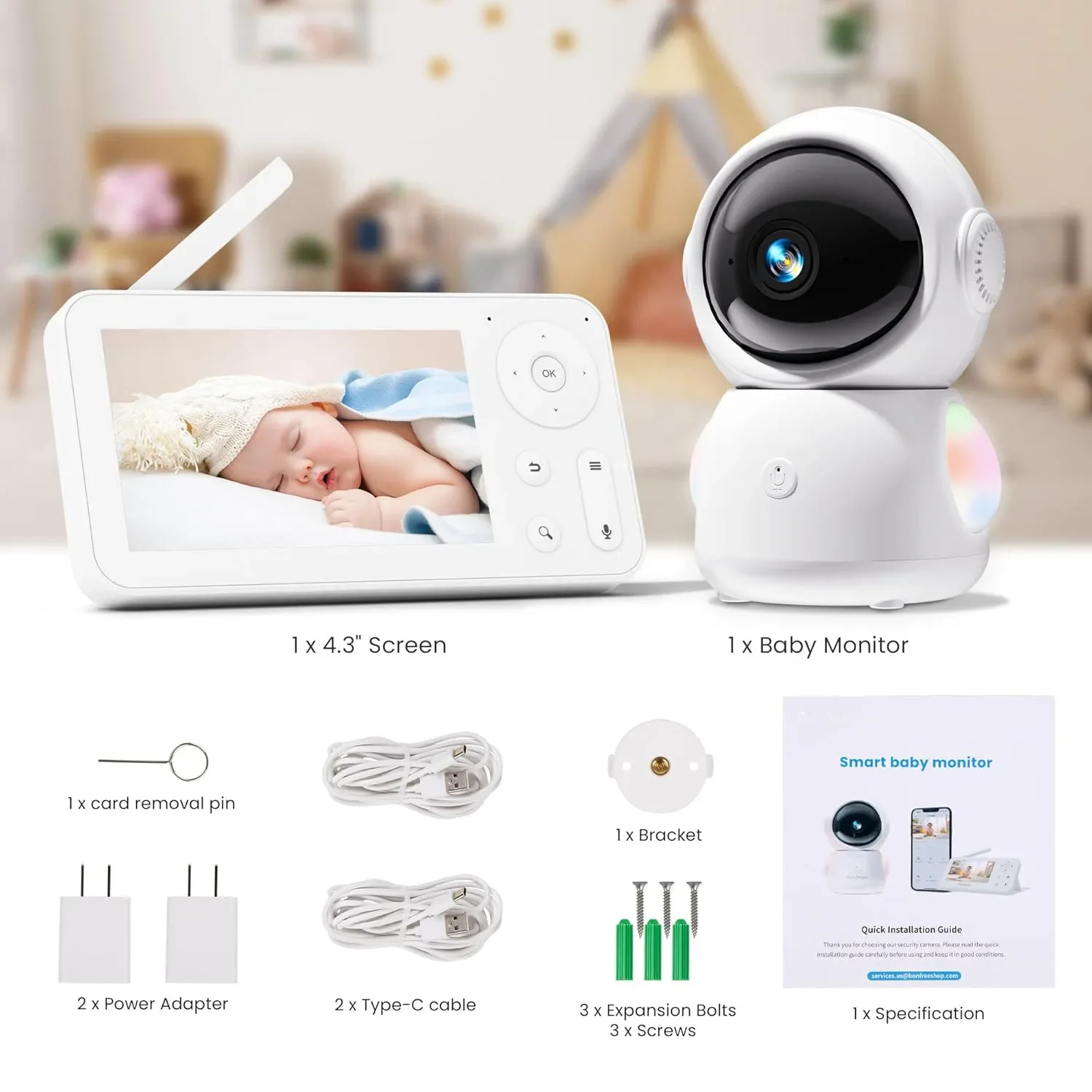 4.3 Inch CloudEdge Baby Monitor Wireless Security Camera VOX Mode RGB Night Light Lullabies Temperature Detection Baby Nanny Cam