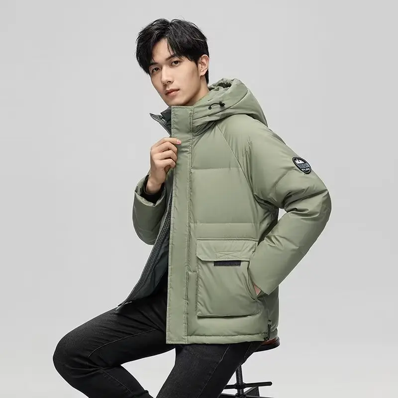 GIOIOMen's Down Cotton Jacket，Autumn Winter White Duck Down Filling Warm Hooded Three-Dimensional Pocket Men Jacket Coat