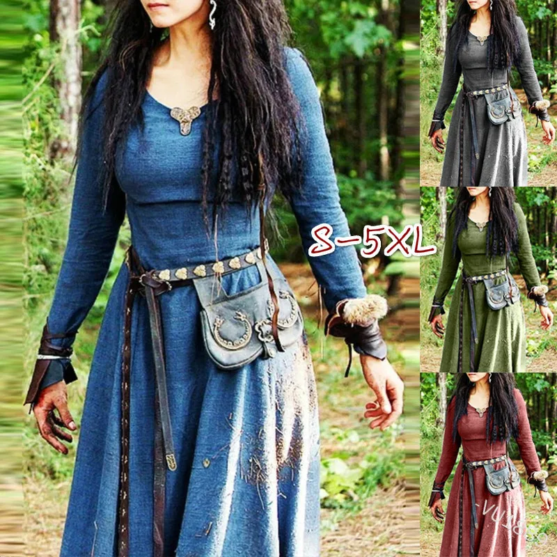 Vestido Medieval de manga larga para mujer, maxivestido Vintage de hada elfos, ropa gótica celta renacentista, vestido de baile de fantasía