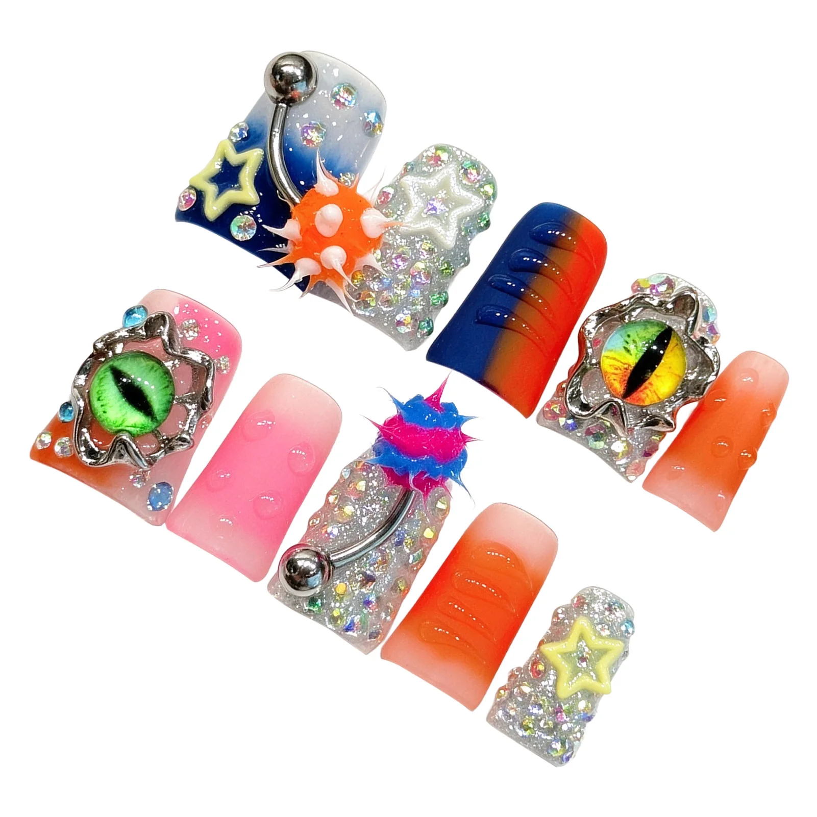 Resin Press On Nails for Halloween Party Girls Devil Eye Star Duckbill False Nails Handcrafted Dark Aesthetic Tips