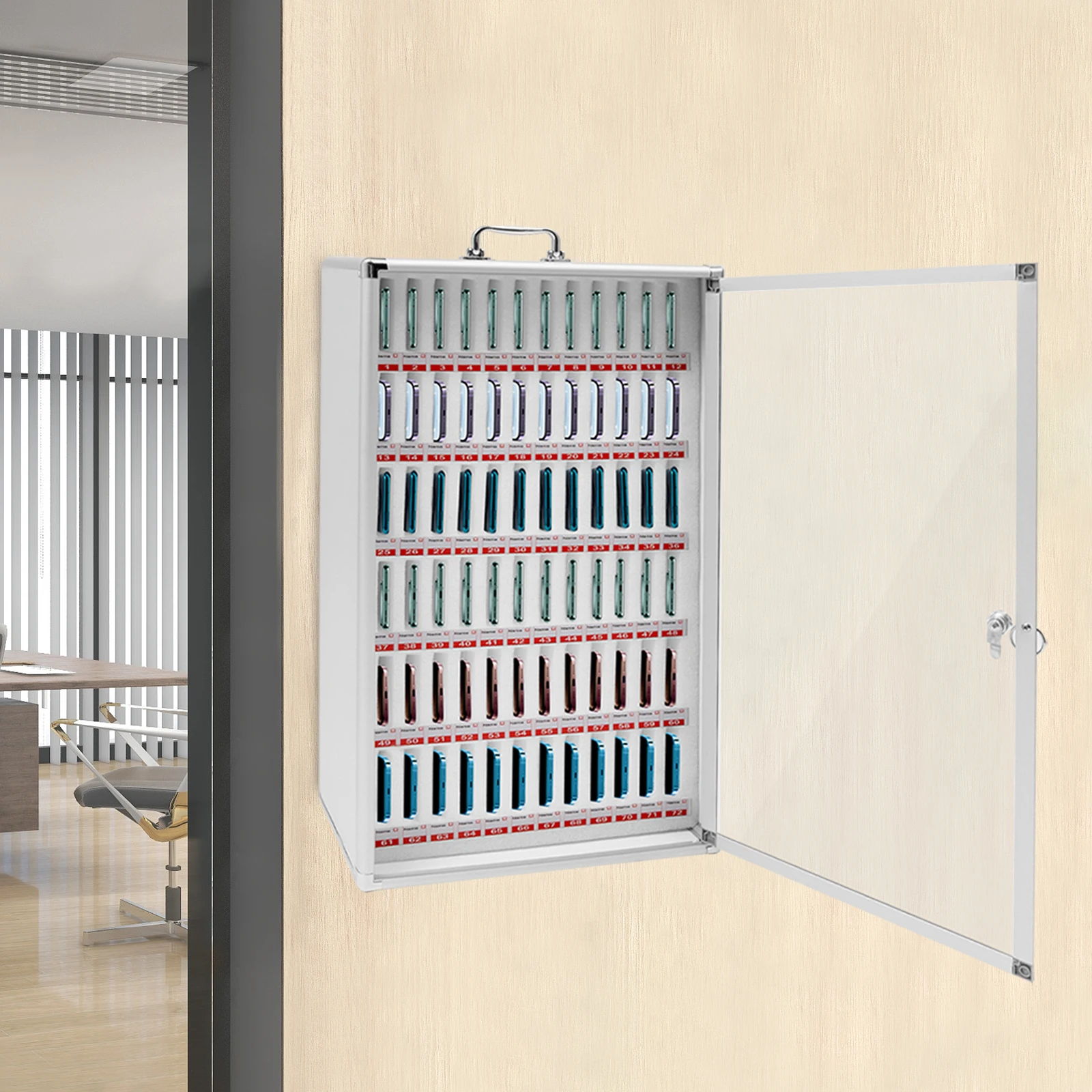 

Silver Aluminum Alloy 36.5x19x74.6cm 72 Cell Phone Storage Box with Lock Locker Wall-mounted Telephone Cabinet