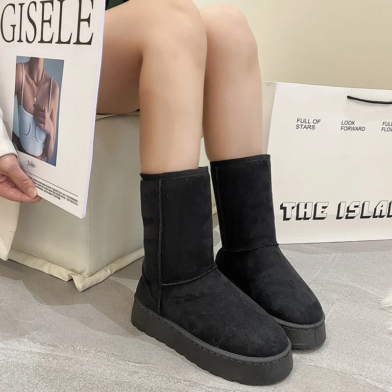 2024Winter new leather high snow boots female sheep fur one long boots with wool thickened non-slip snow cotton platform boots