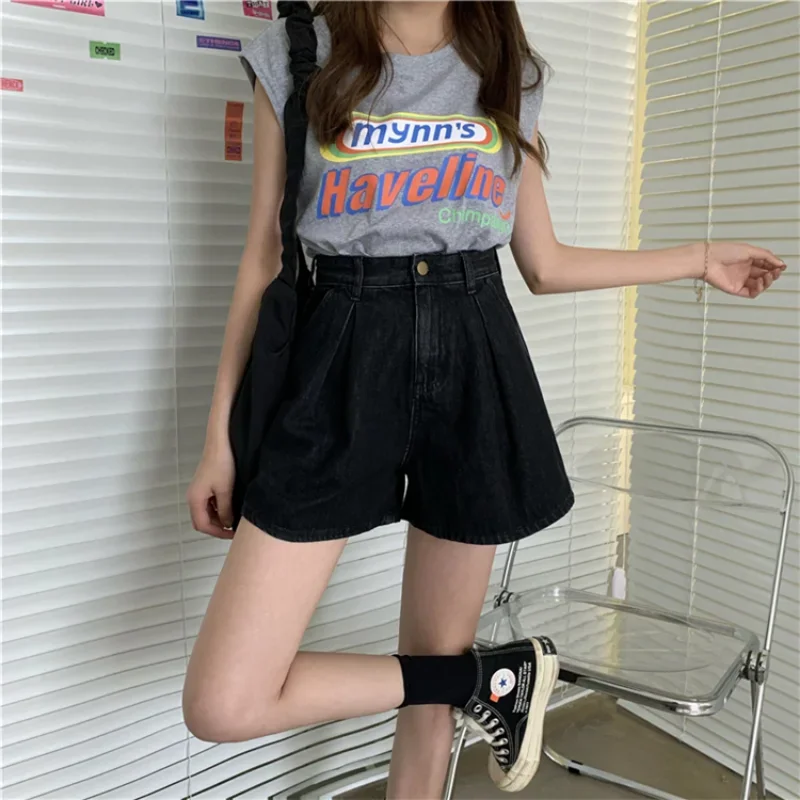 Pantalones cortos de mezclilla para mujer, gran oferta, holgados, sencillos, Vintage, elegantes, Hipster, cintura alta, ropa de calle para vacaciones, combina con todo para uso diario