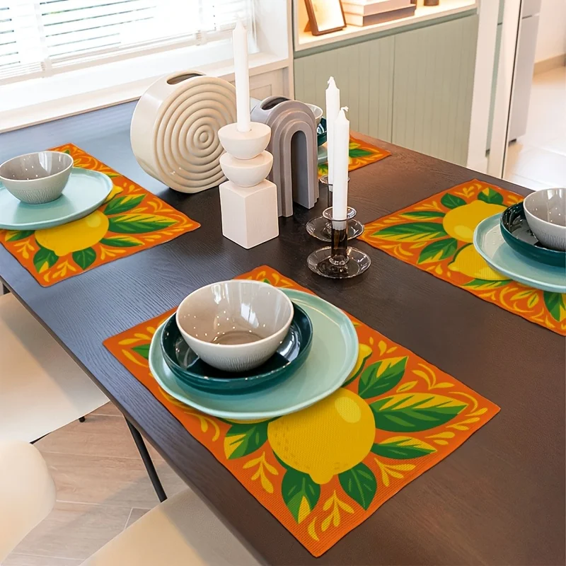 Lemon Branch Placemats Suitable for Farmhouse Decor - Washable Table Mats with Lemon Tree Print, Lemon Slices & Branches