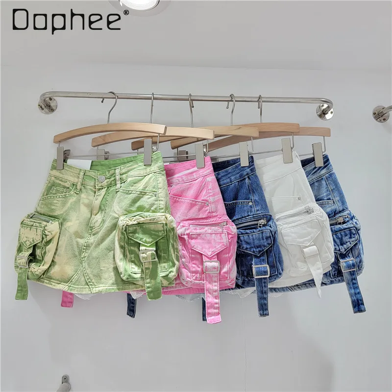 

2024 Summer New Denim Cargo Skirt Three Dimensional Pocket Streetwear Do Old A Line Wrap Hip Mini Skirt Spicy Girl Casual