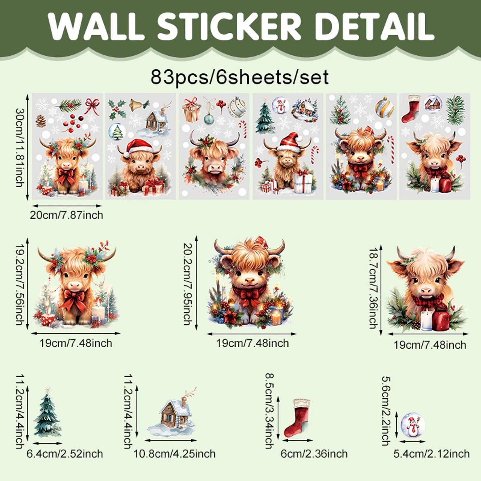 6sheets/83pcs Christmas Cute Cow Bell Wall Sticker Wall Decoration Self-Adhesive Stickers Refrigerator Magnets Room Decoration