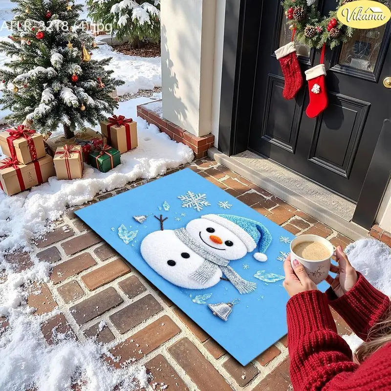 VIKAMA Buffalo Plaid Elf Face Entryway Rug Non Slip Low Profile Mats for Outside Front Door Xmas Winter Decor Washable