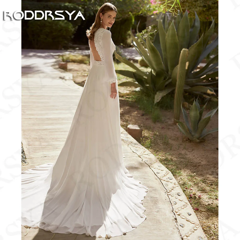 RODDRSYA Long Sleeves Chiffon Wedding Dress 2024 Lace Backless Bridal Dresses Boho A Line Civil vestidos de boda para fiestas