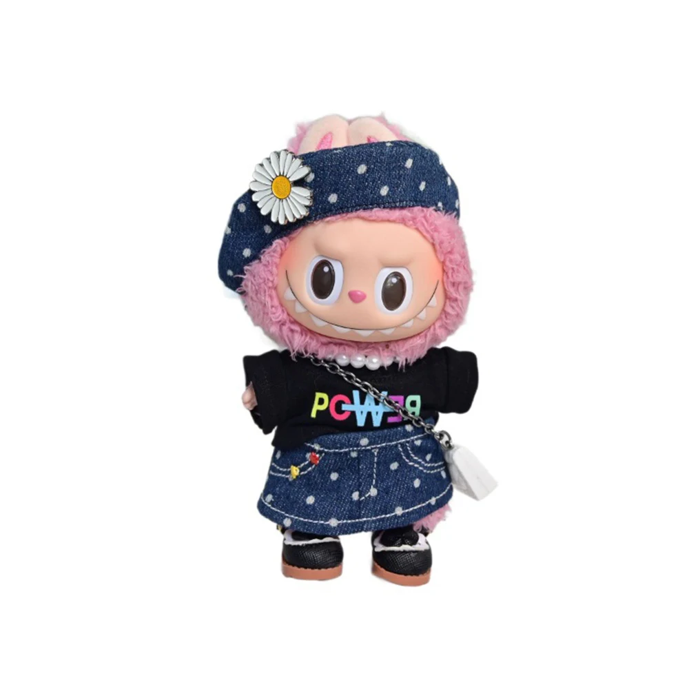 

For 17cm Labubu Clothes Outfit Accessories Korea Kpop for Labubu Idol V1 V2 V3 Clothing Cowboy Polka Dot Skirt T-shirt GD Set