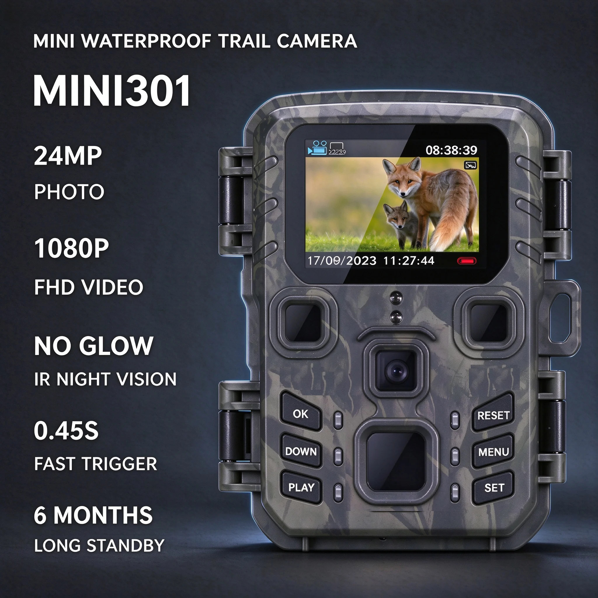 Mini 301 Hunting Trail Camera 24MP, 0.45s Fast Trigger Wildlife Cam with No Glow Night Vision & Screen, Waterproof Security Cam