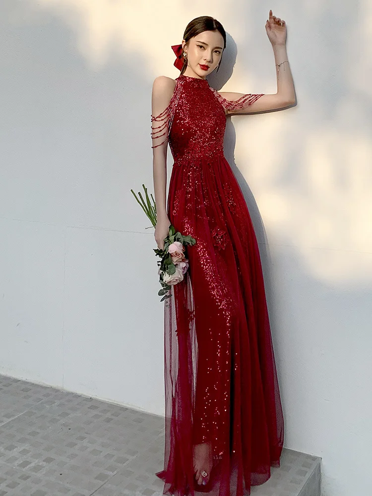 Evening Dress Women's Banquet Luxury Summer Long Dress Light Luxury Small Group High end Tassel Toast Dress Bride Host