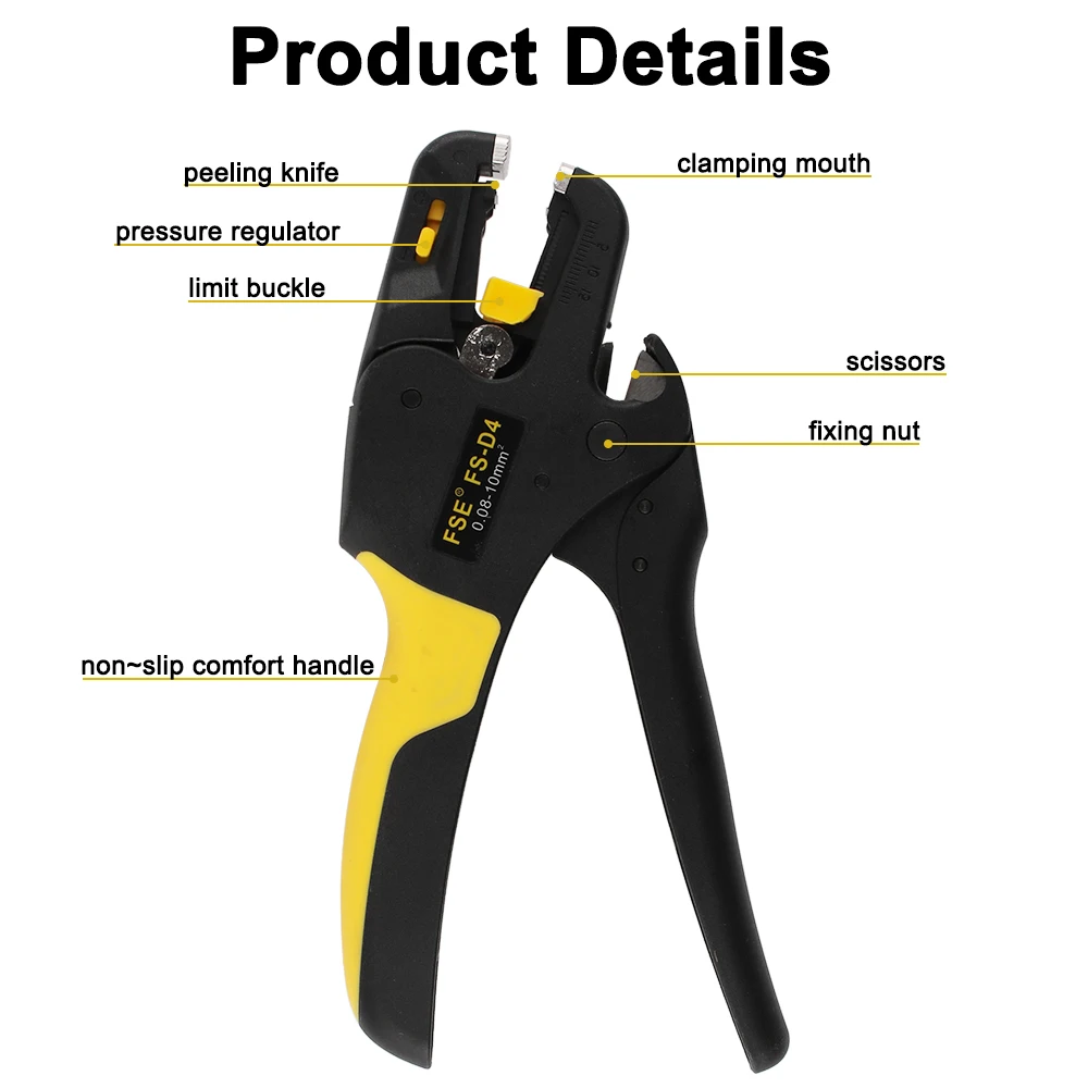 New Arrival FS-D4 Self-Adjusting Insulation Pliers Wire Cutter Wire Stripper Range 0.08-10.0mm2 Flat Nose Plastic Handle