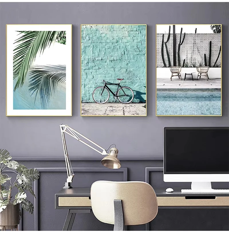 Tropical Landscape Wall Art Canvas Painting Blue Ocean Bicycle Poster Nordic Printing Mural Living Room Home Decoration Pictures