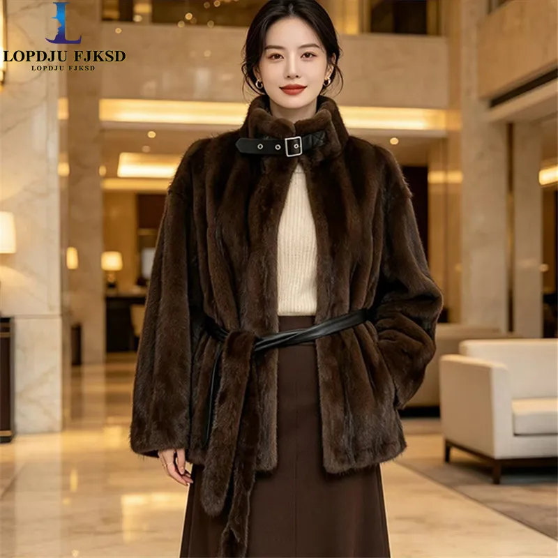 Faux Mink Fur Coats for Women,Adjustable Waist Jackets,Stand Collar Overcoat,Female Clothes,New,Autumn and Winter