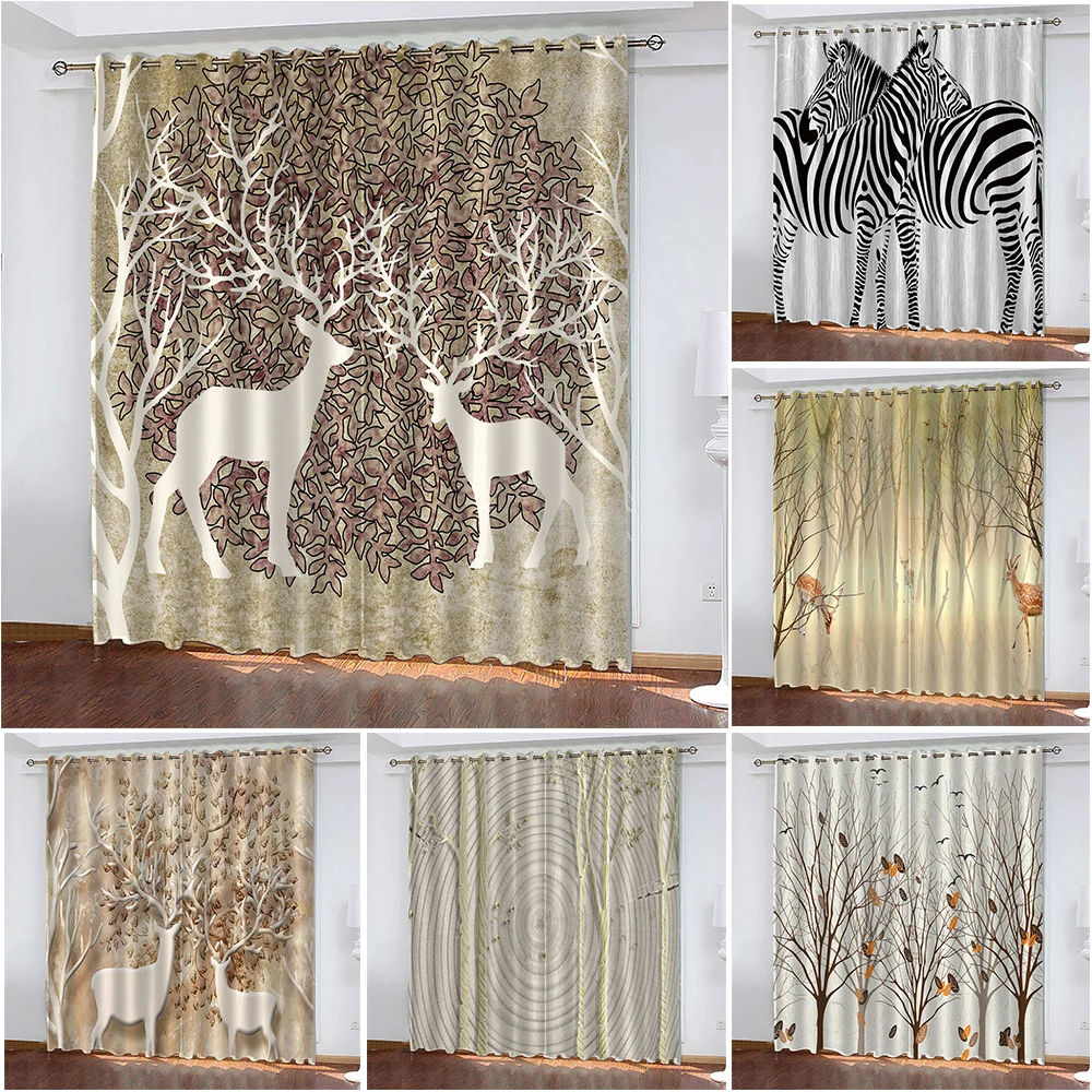 

Nordic Modern Deer Print Household Curtains Woven Blackout Curtains Biparting Open Curtains for Home Cortina De Sombra カーテン