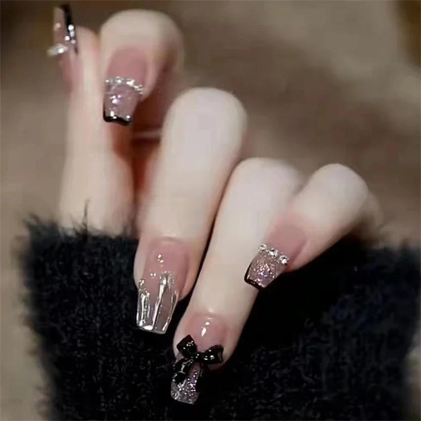 

24 Pieces/set Mature Atmosphere Ballet Fake Nails Black Butterfly Wearing False Nails Full Coverage Acrylic Press on Nails Art