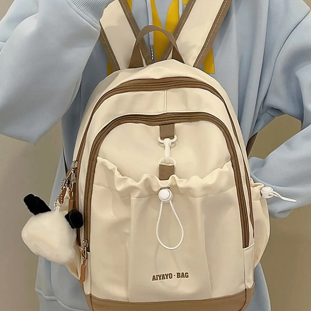 Solid Contrasting Color Backpack Drawstring Bag Large Capacity Students School Bag Travel Bag Handbag Shoulder Bag Outdoor