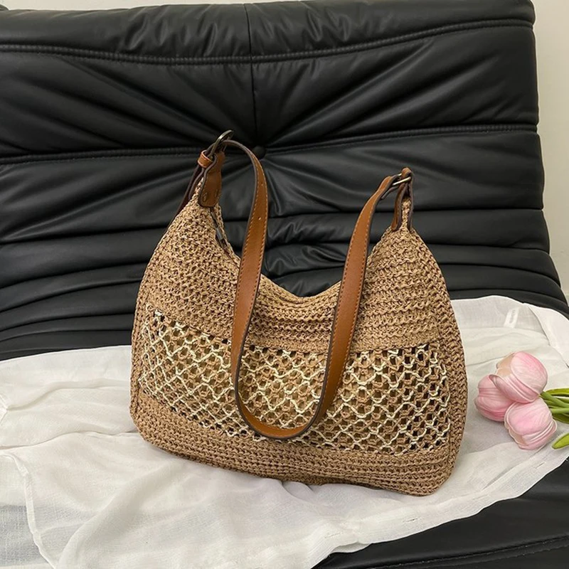 

2026 New Underarm Straw Woven Bag Single Shoulder Woven Bag Women Large Capacity Tote Bag Holiday Beach Style Leisure Handbag