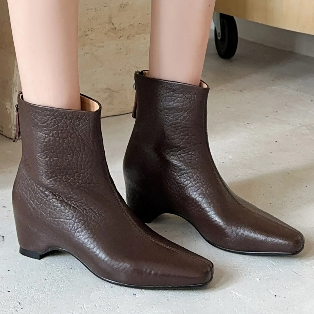 

Женские осенние ботильоны из овчины с квадратным носком и молнией сзади, элегантные женские высококачественные мягкие удобные короткие ботинки на танкетке 5 см