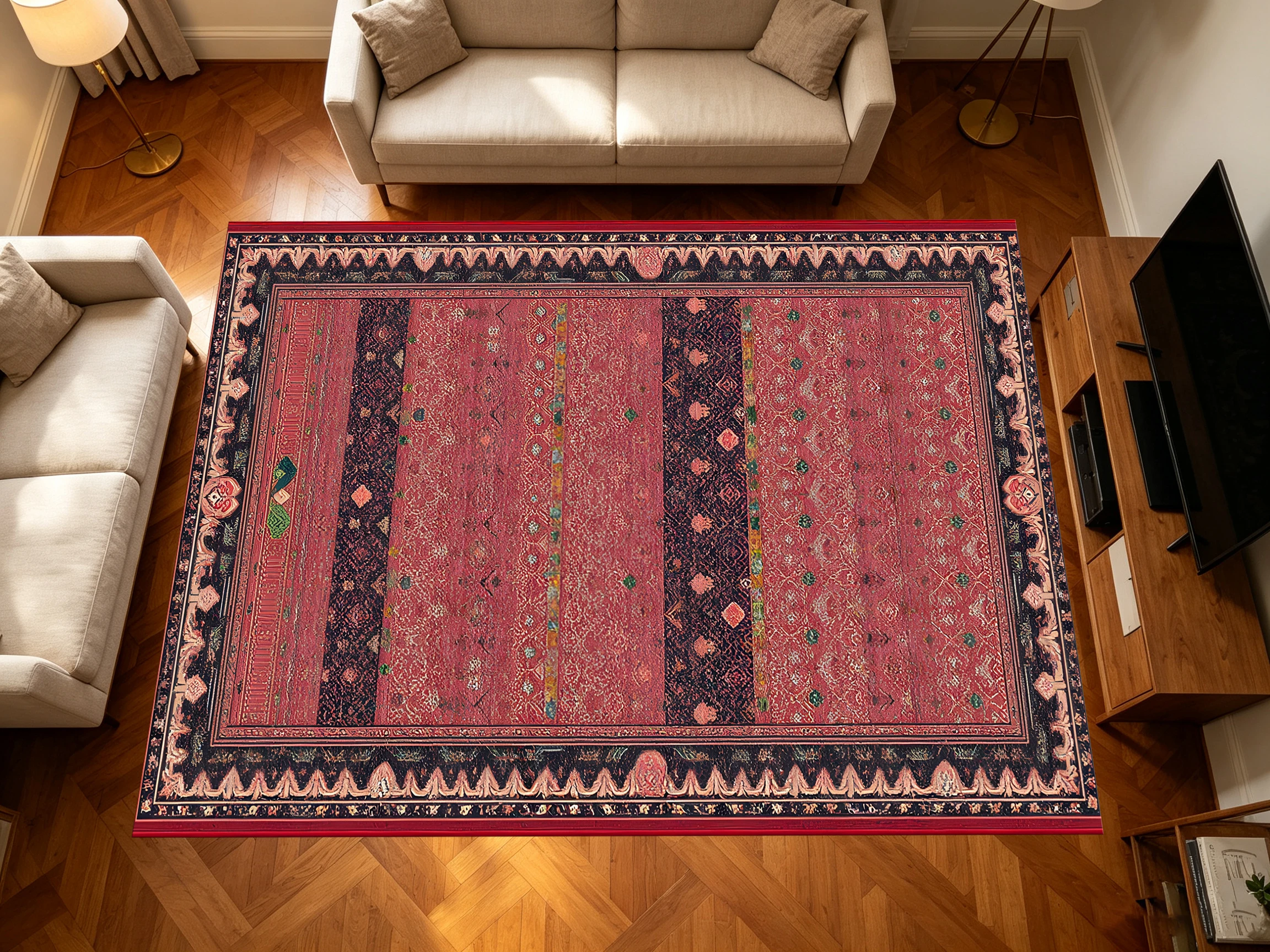 2D Carpet with Red Ethnic Patchwork Dark Pattern in Retro Exotic Style for Living Room and Bedroom