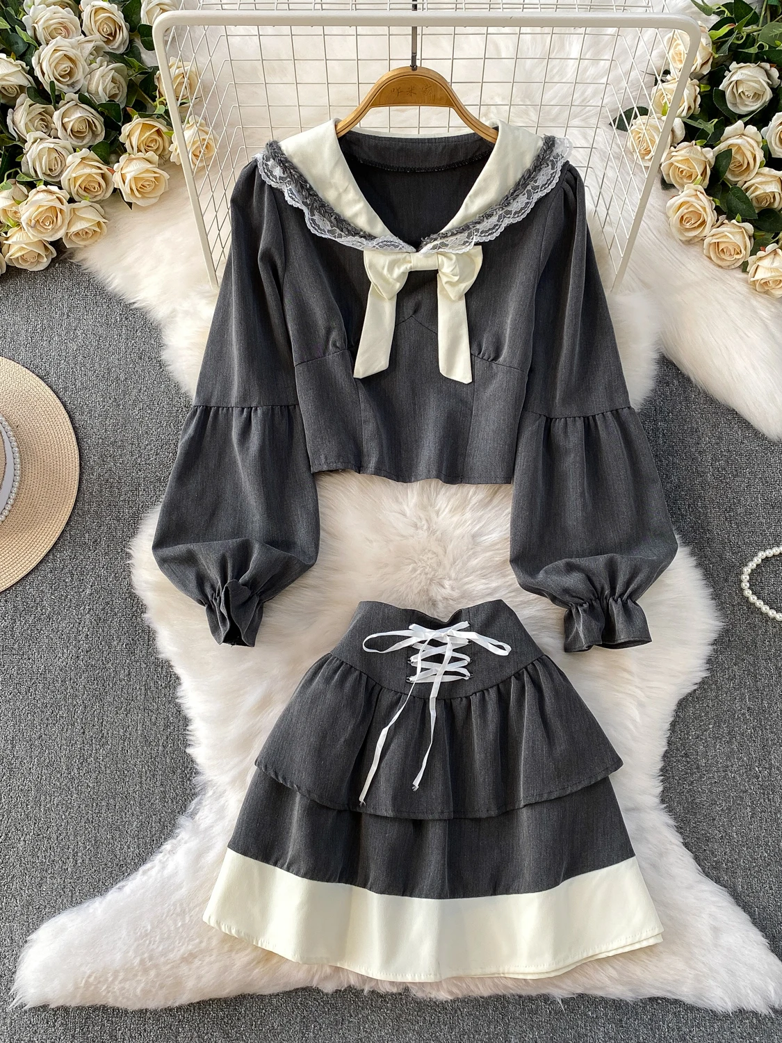 

Sweet Sle ort Топ с кружевной отделкой и воротником-стойкой с поясом для похудения Юбка-торт Комплект из двух предметов для маленького роста