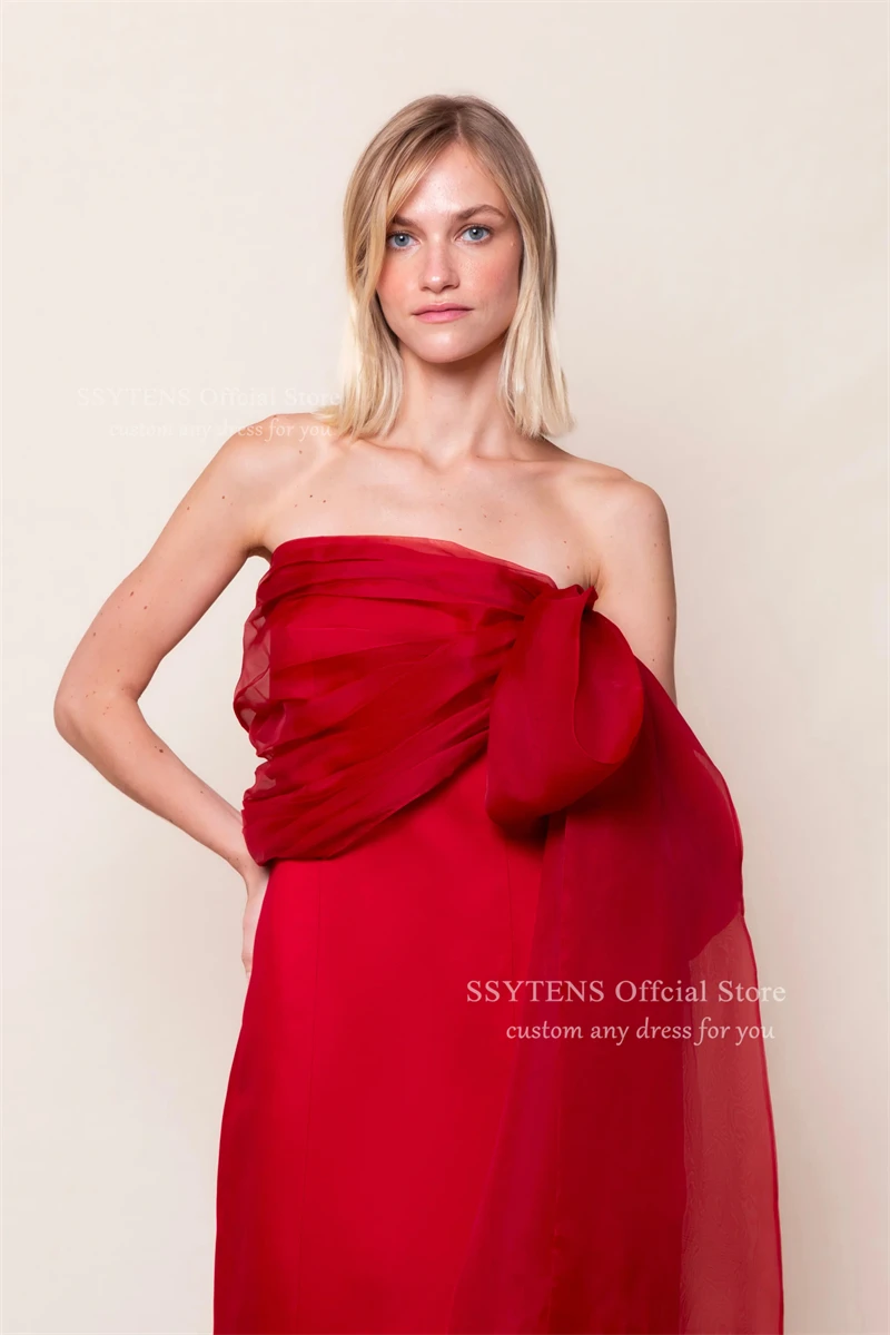 SSYTENS 赤のイブニングドレスエレガントなストラップレスロングウエディングドレス女性手作りシャーリングシルク結婚式のゲストパーティードレスカスタマイズ