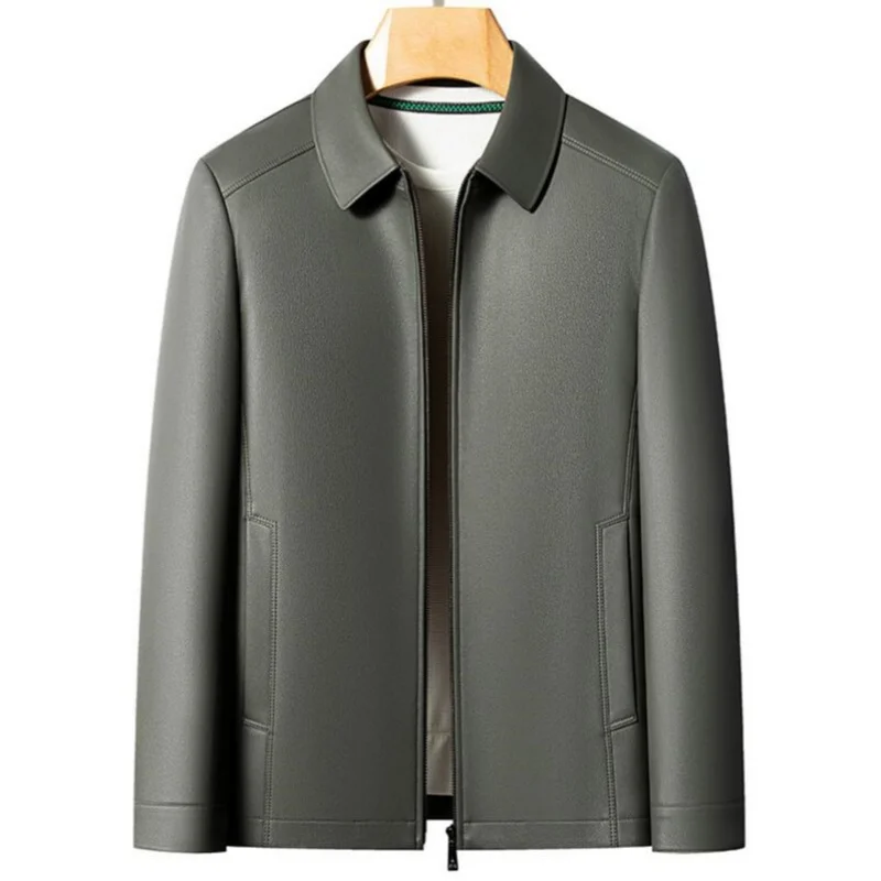 Men's Fashion Casual Large-Sized Goatskin Leather Jacket Lapel Coat High-End Spring Autumn