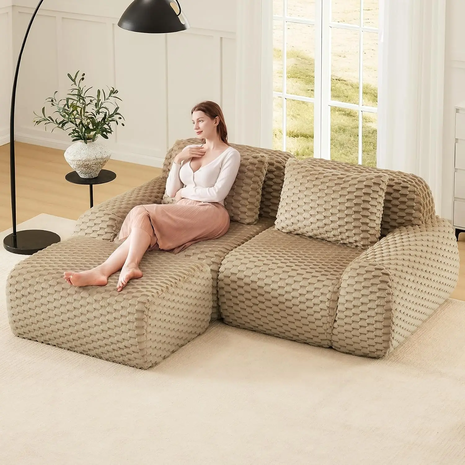 L-Shaped Sectional Sofa No Assembly, Beige in Box with Ottoman, Cloud Memory Foam, Space-Saving Furniture, Customized