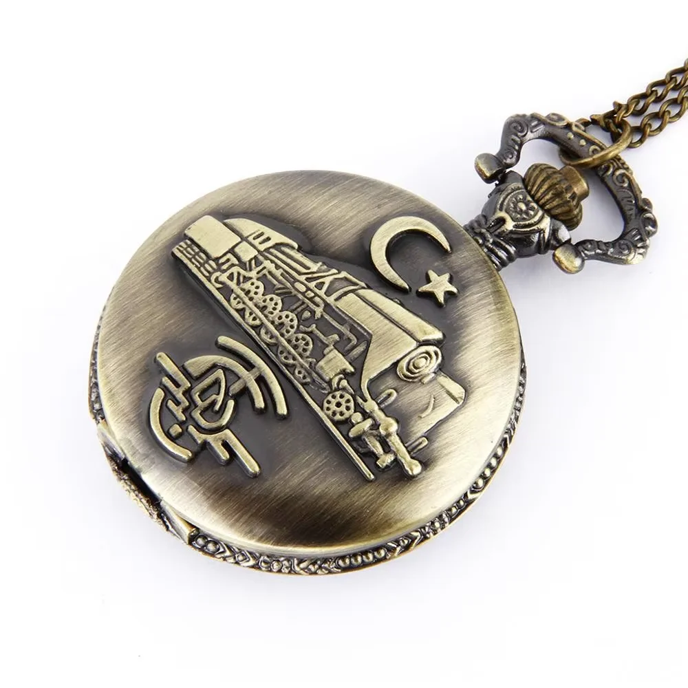 Large thin chain bronze case engraving Indian and American vintage train pattern pocket watch