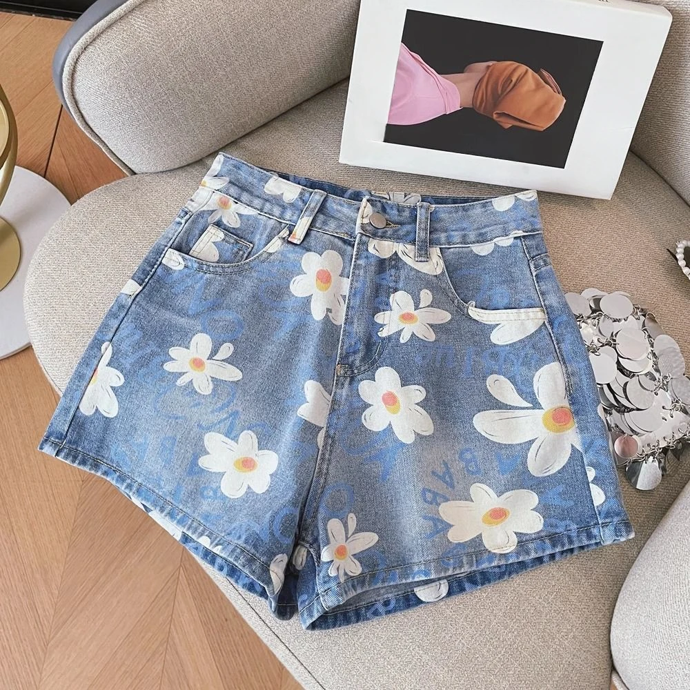 

Wide Legs High Waist Denim Shorts for Women Summer Streetwear Korean Style Designer Casual Jorts Flowers Short Jean Pants Woman