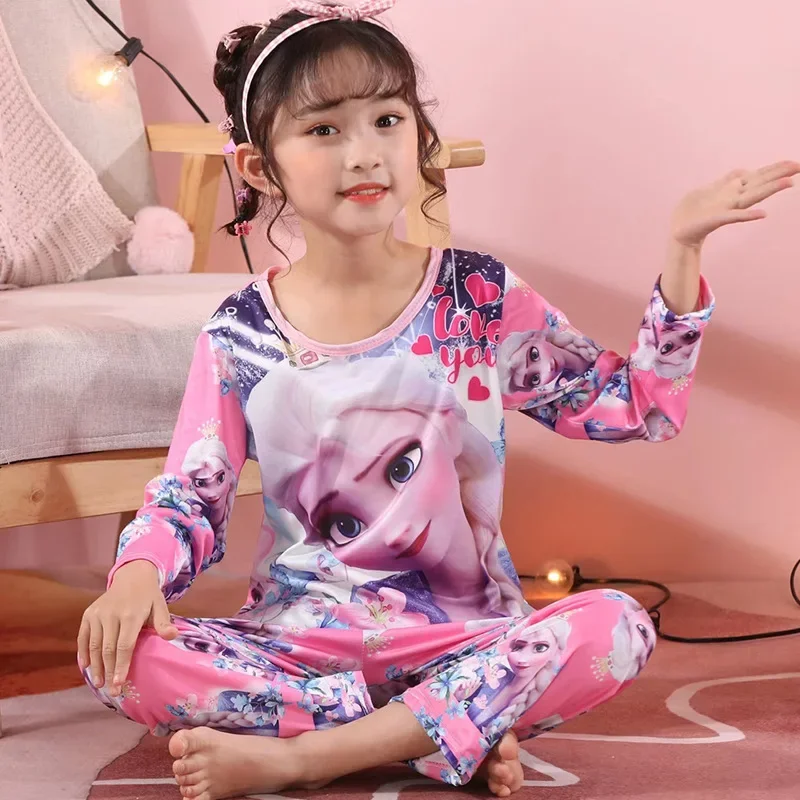 Spring Boys Girls Pajamas Set Cartoon Frozen Elsa Mickey Minnie Spiderman Kid Long Sleeve Home Sleepwear Children Nightgown Suit