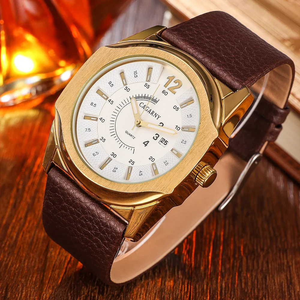 

Designer Gold Watch Men Leather Strap Casual Men's Quartz Watches Man Waterproof Date Military Relogio Masculino Cagarny XFCS