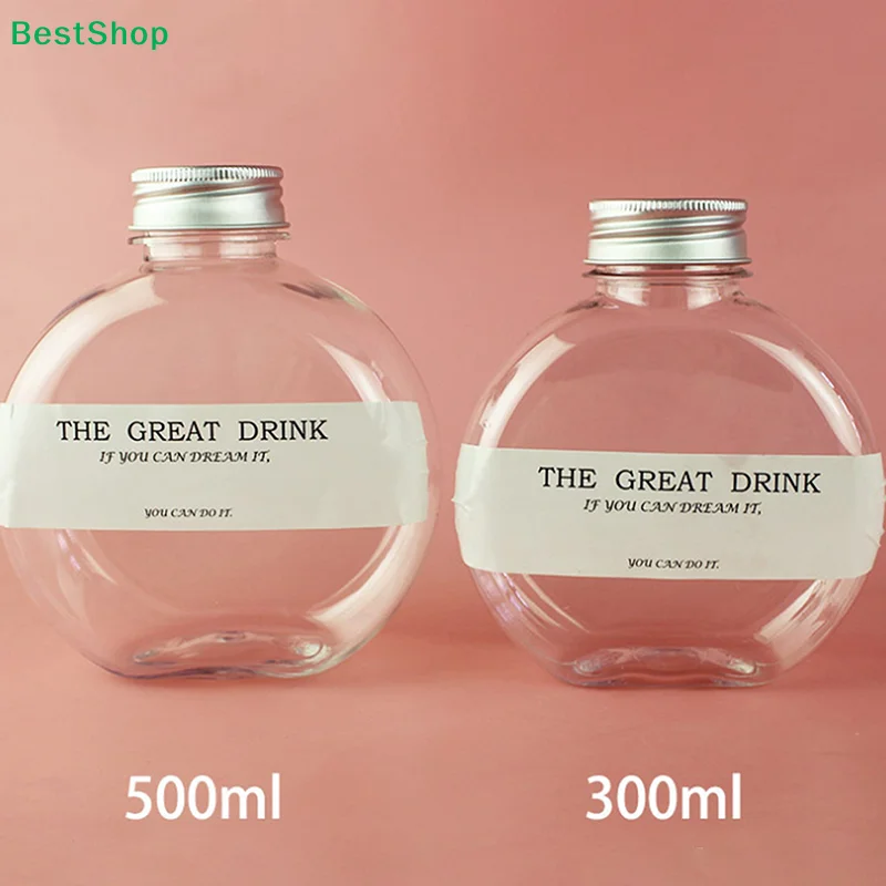 

〔R〕300/500ML Cute Flat Round Plastic Bottle Clear Milk Tea Bottle Water Bottle Portable Coffee Drinking Cup Drink Bottle