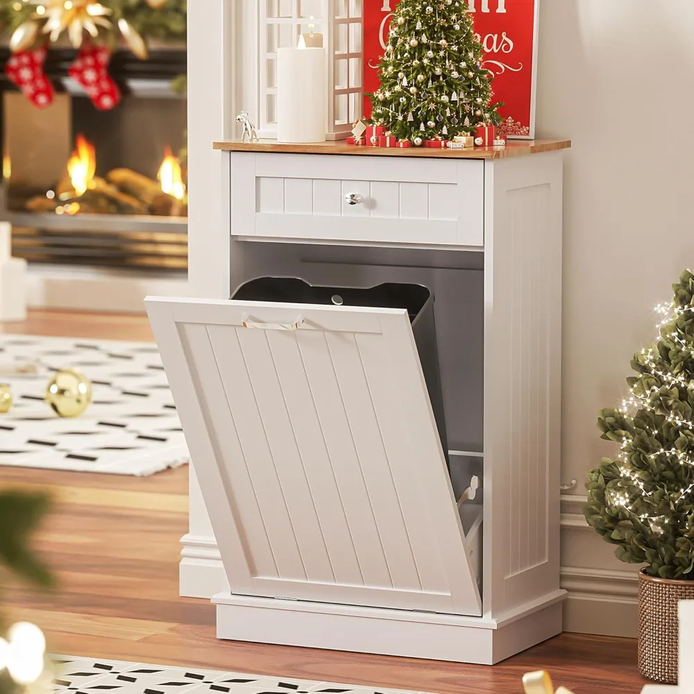 

Standing Laundry Hamper Recycling Cabinet Trash Can Holder with Hideaway Drawer Pet Proof Trash Can for Living Room, White