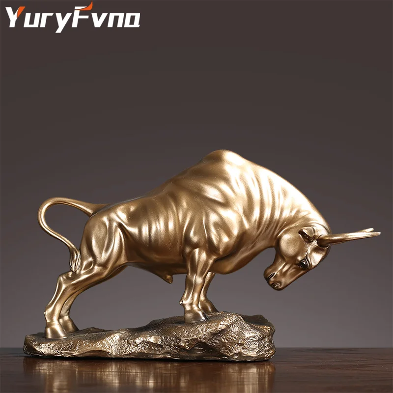 YuryFvna Cold Cast Bronze Bull Sculpture Statue Home Resin Animal Jewelry Home Bar Office Window Decoration Cafe