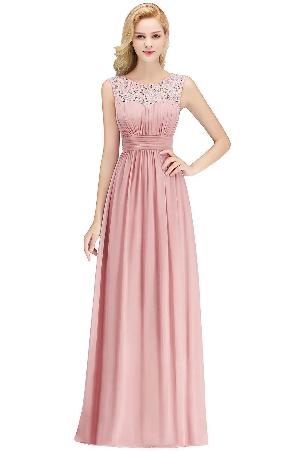 Prom Dresses Dusty Pink Scoop Neckline A-line Ankle-length Evening Dresses Lace Zipper Up Chiffon Sleeveless Wedding Party Dress