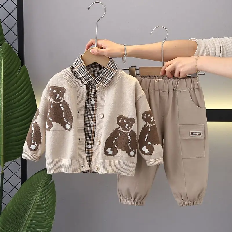 ファッション男の子服秋春ニットベスト-tシャツ-ルーズパンツ-3-個韓国語バージョン子供コートカジュアルファッションハンサムストリート