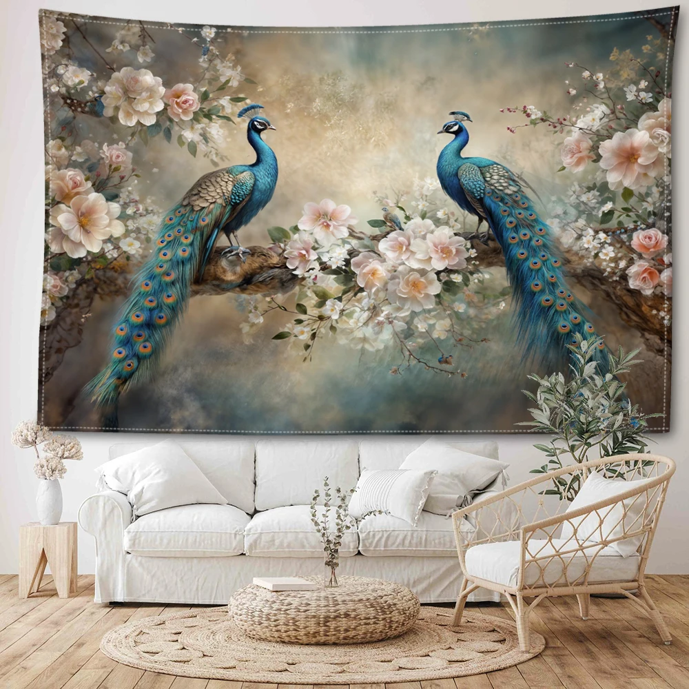 

Vintage floral peacock print tapestry, classical dreamlike oil painting style, bedroom, study, living room wall hanging