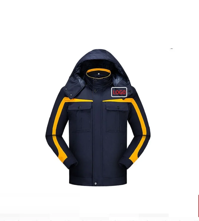 冬の作業服綿パッド入り暖かい厚いメンズフード付き労働者スーツジャケットコントラストカラーワークコートワークショップサーマルオーバーコート