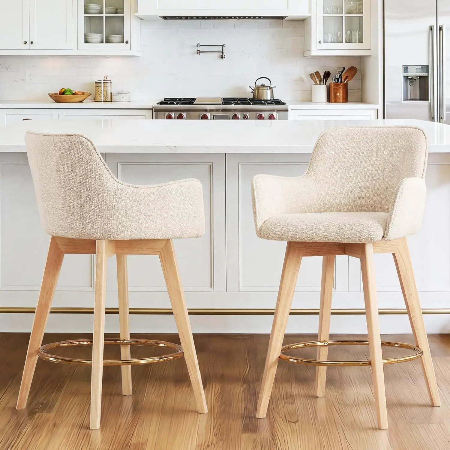 

Counter Height Swivel Bar Stool Linen Upholstered Back Arms Wood Legs 26in Kitchen Island Pub Cafe 2pcs Beige Customized