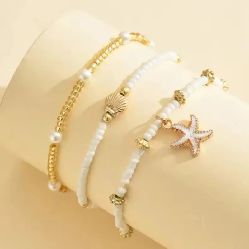 Cute Starfish Shell Rice Bead Multilayer Anklets For Women Foot Chain Ankle Bracelet Beach Jewelry Summer Accessories image 3