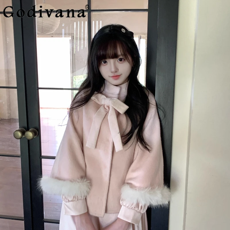 

Оригинальное новое теплое шерстяное пальто в стиле Лолиты, женское нежное милое розовое шерстяное пальто, куртка, женское японское пальто принцессы