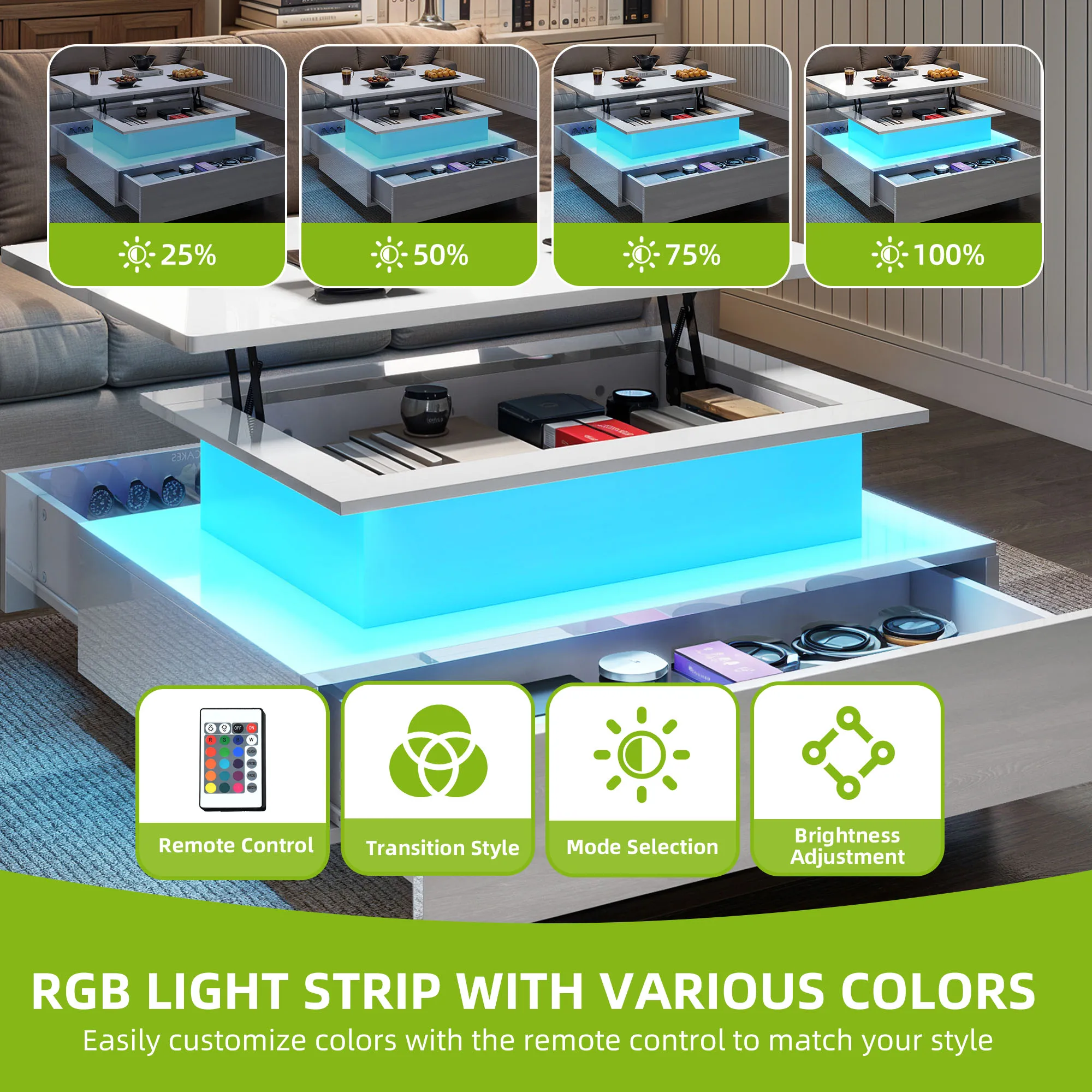 Balconera Lift-Top Coffee Table - Modern Rectangular with 16 Color LEDs & 2 Drawers, Elevated Surface with Lighting