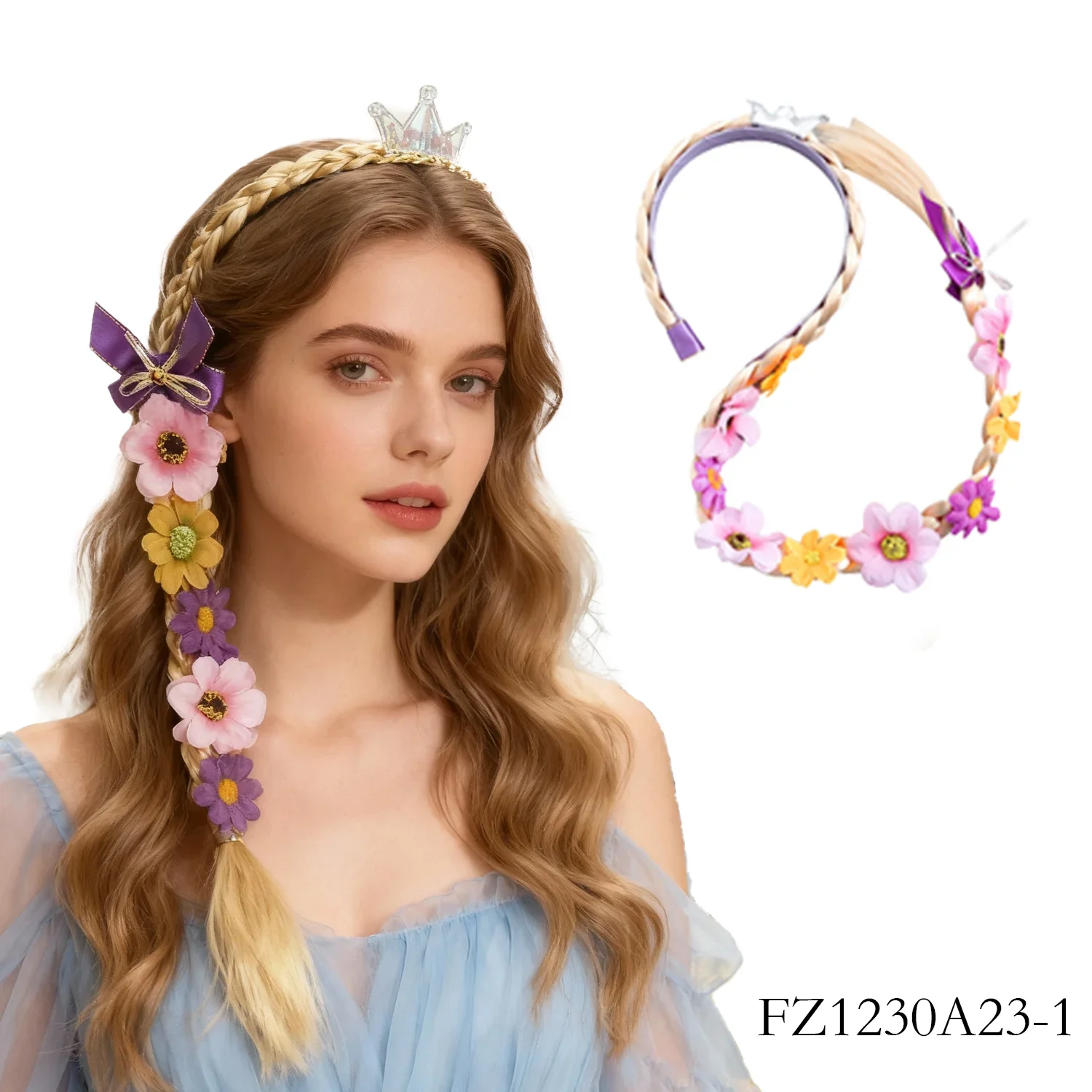 공주 드레스업 가발, 공주 라푼젤 긴 땋은 머리 가발 꽃 장식 헤어밴드 소녀 코스튬 액세서리